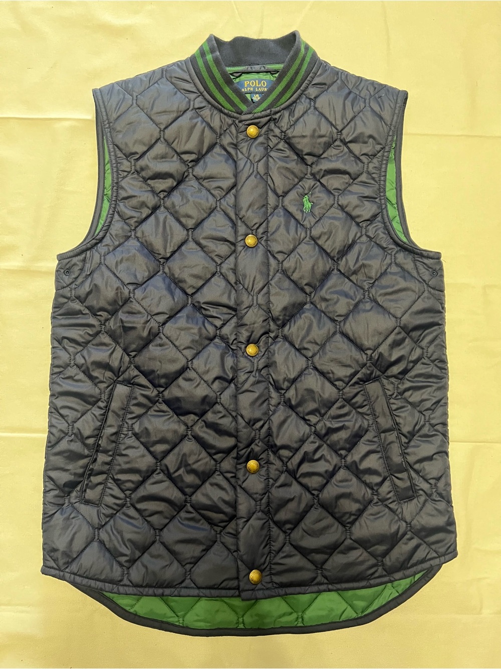 Polo Ralph Lauren Boys Diamond Quilted Puffer Vest Sz L 14-16 Navy Green